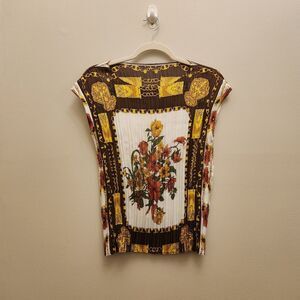Vtg Pleated Stretchy Satin Tank Top Gold Chain Floral Baroque Opulent Maximalism